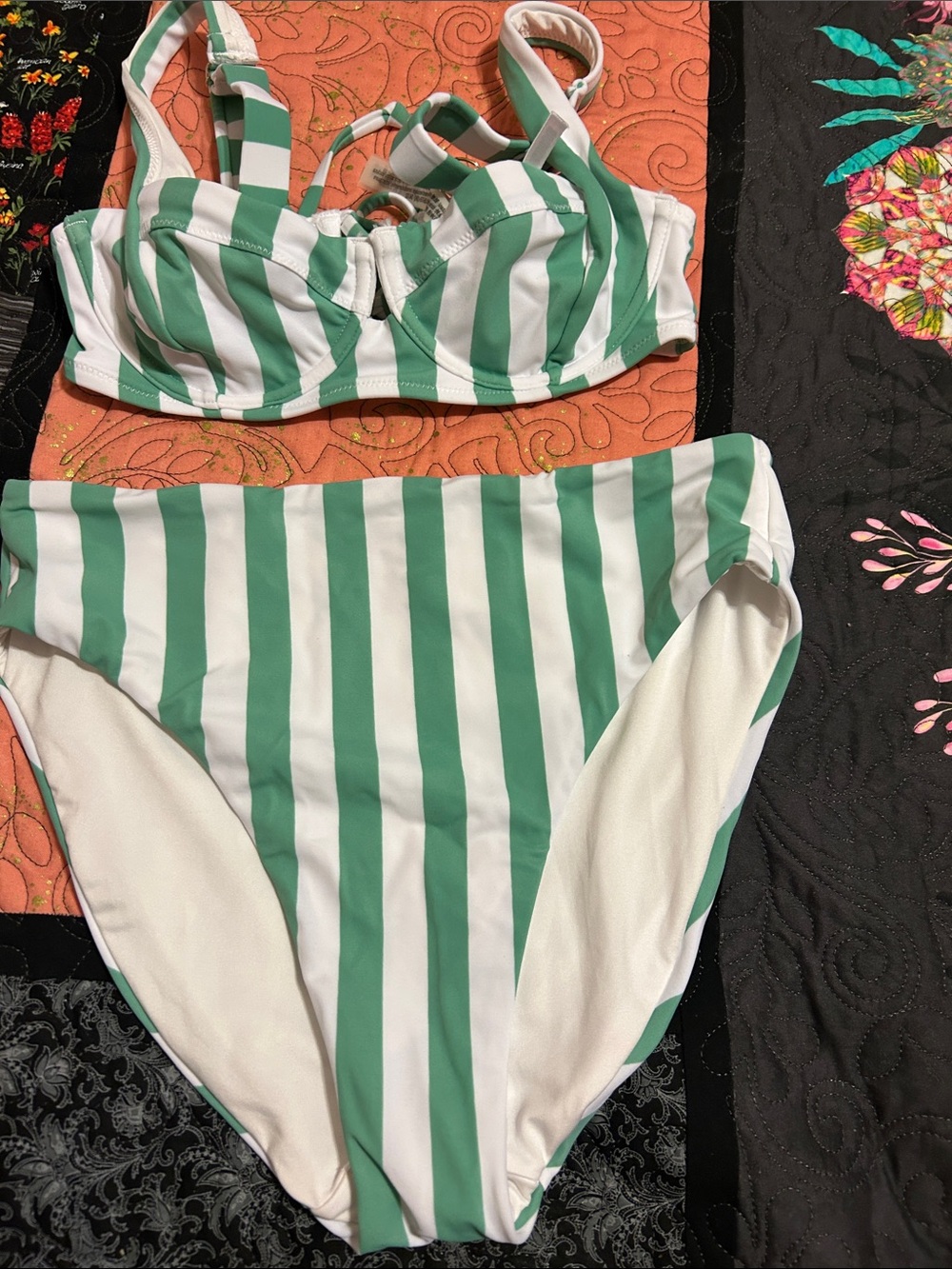 Striped Green and White Two-Piece Swimsuit-Excellent Condition